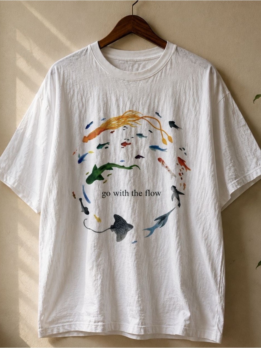 Gildan White 'Go With The Flow' Colorful Fish Graphic Tee